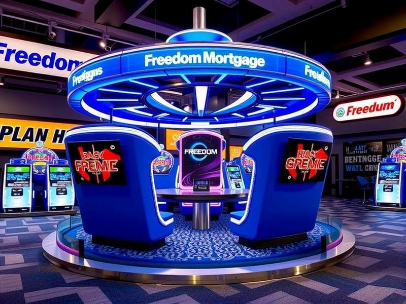 A futuristic digital stadium with neon lights representing the Freedom Mortgage Pavilion in Elite vs Freedom